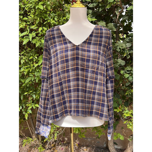 Madewell XXL Plaid V Neck Long Sleeve 100% Cotton Ruffle Blue Brown Top Shirt