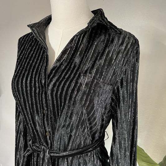 NWT $249 House Of Harlow XS Long Sleeve Black Metallic Shirt Dress Belt Elegant