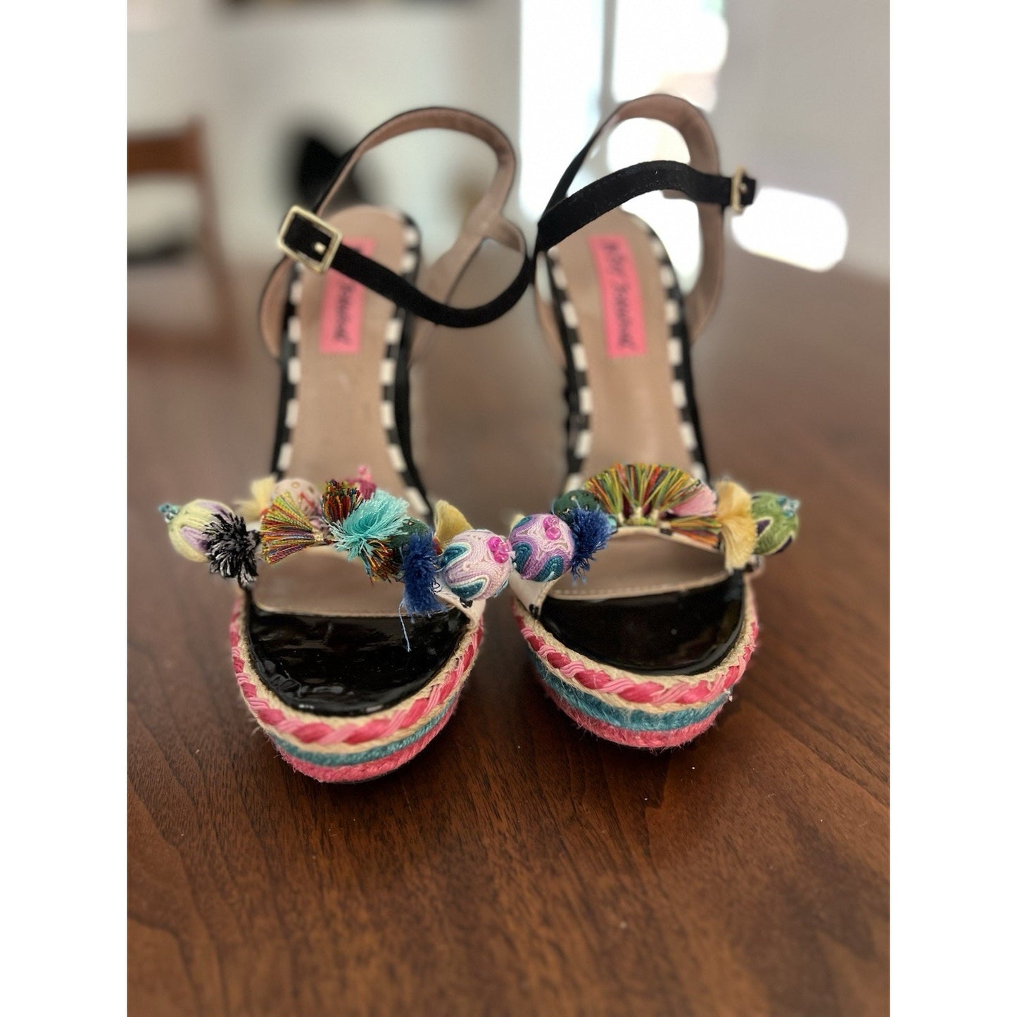 Betsey Johnson Polka Heeled Pom-Pom Adorned Platform Sandals Size 6