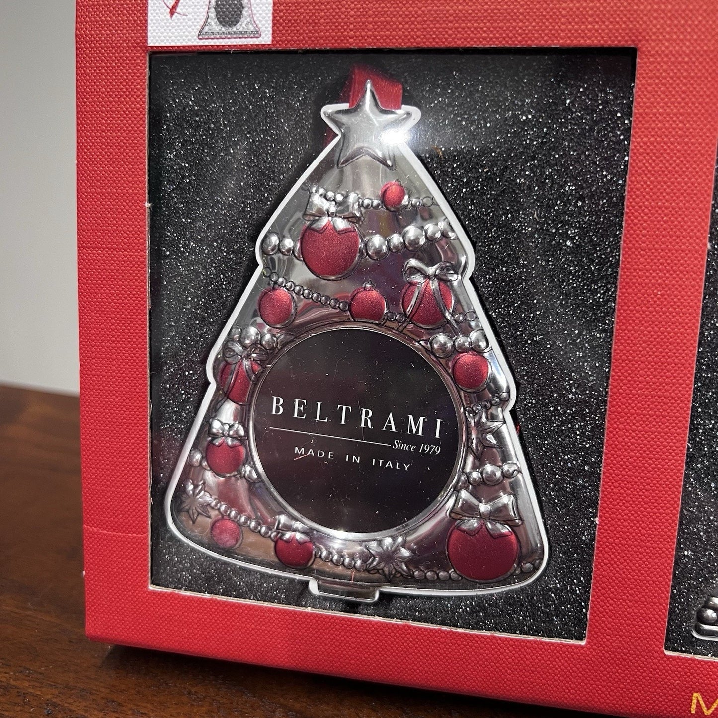 3 Beltrami Ornaments Photo Picture Frames Christmas Silver Red Tree Bell Wreath