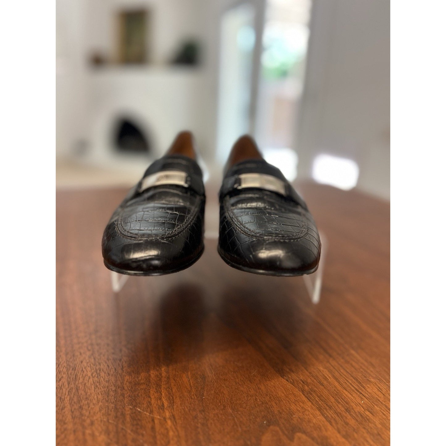 Lauren Ralph Lauren Leather Loafer Black Croc Logo Women's US 8.5 Slip On