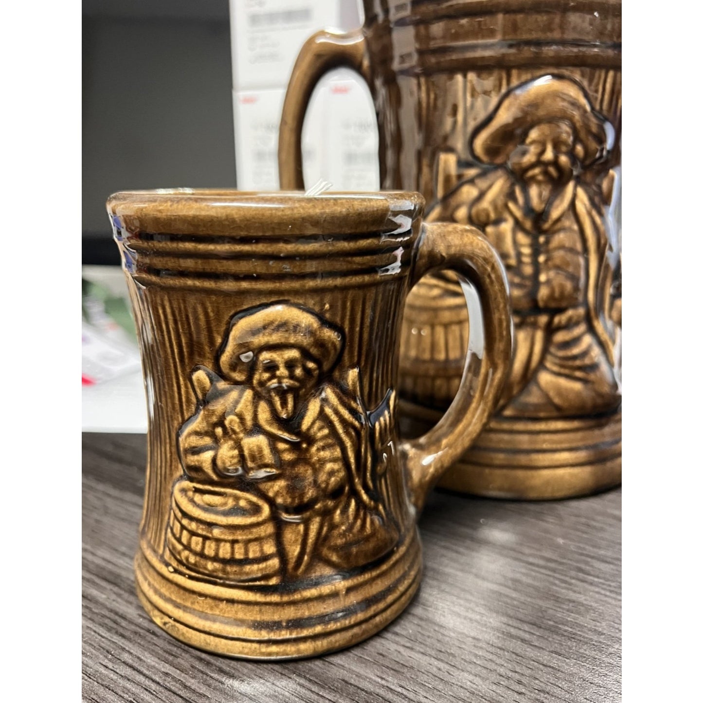 Vtg McCoy Pottery Brown Stoneware Pitcher & 2 Mugs Featuring "Buccaneer Pirate
