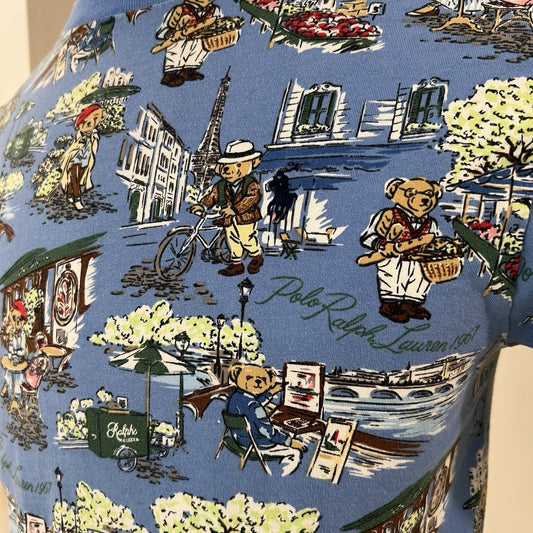 Polo Ralph Lauren Blue Paris Bear Print T Shirt Boys XL 18-20 Preppy AOP