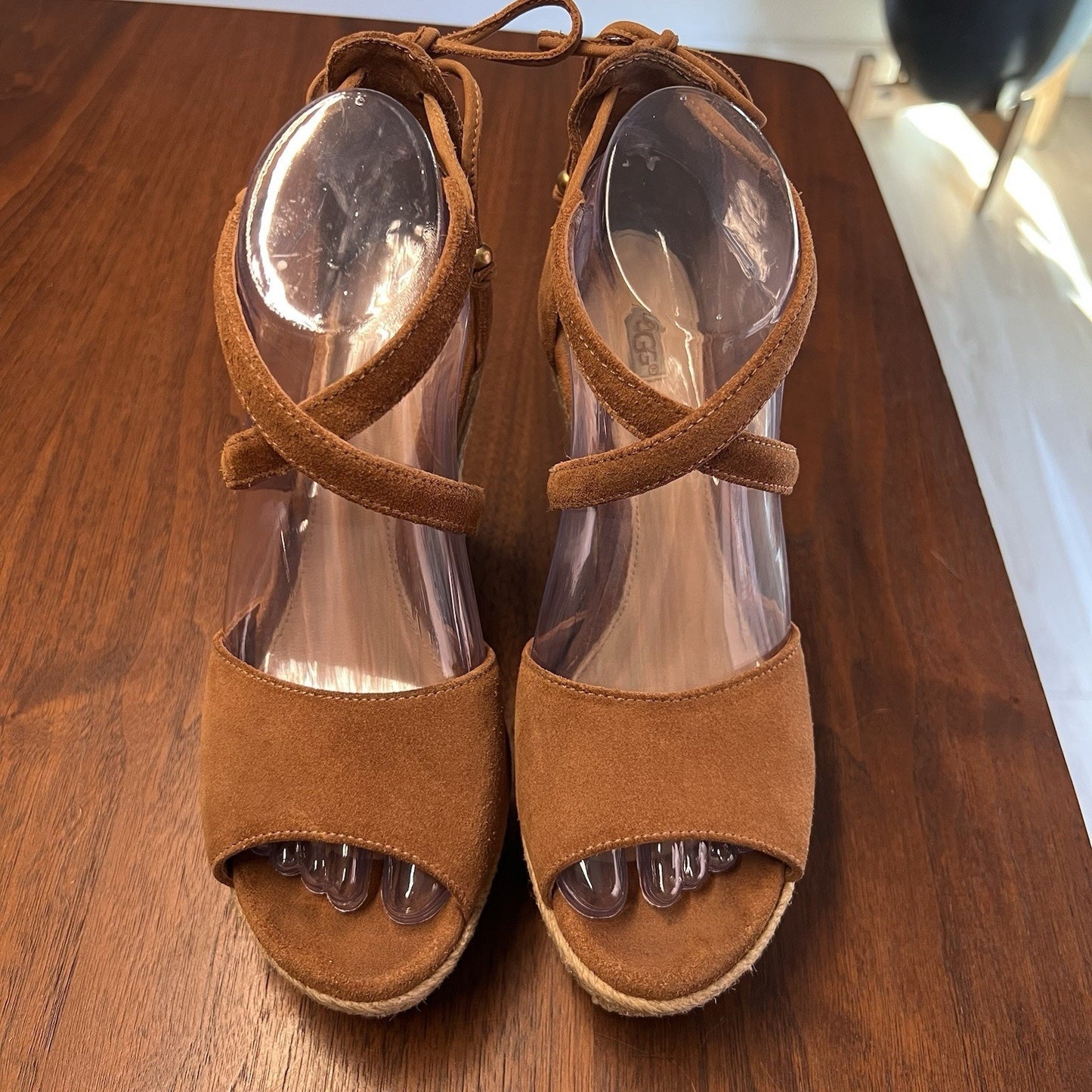 UGG Reagan Suede Espadrille Sz 7 Wedge Sandal Lace Up Peep Toe Natural Jute