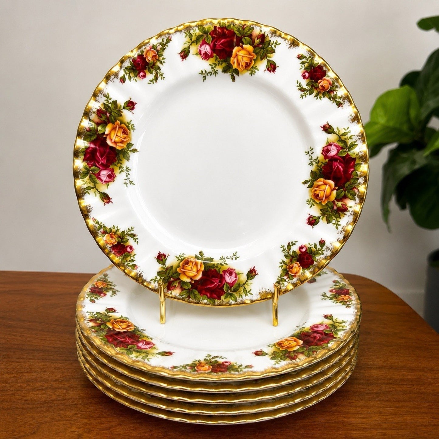 6 x Old Country Roses Royal Albert Dinner Plates 10” Gold Trim Bone China 1962