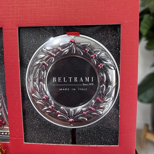 3 Beltrami Ornaments Photo Picture Frames Christmas Silver Red Tree Bell Wreath