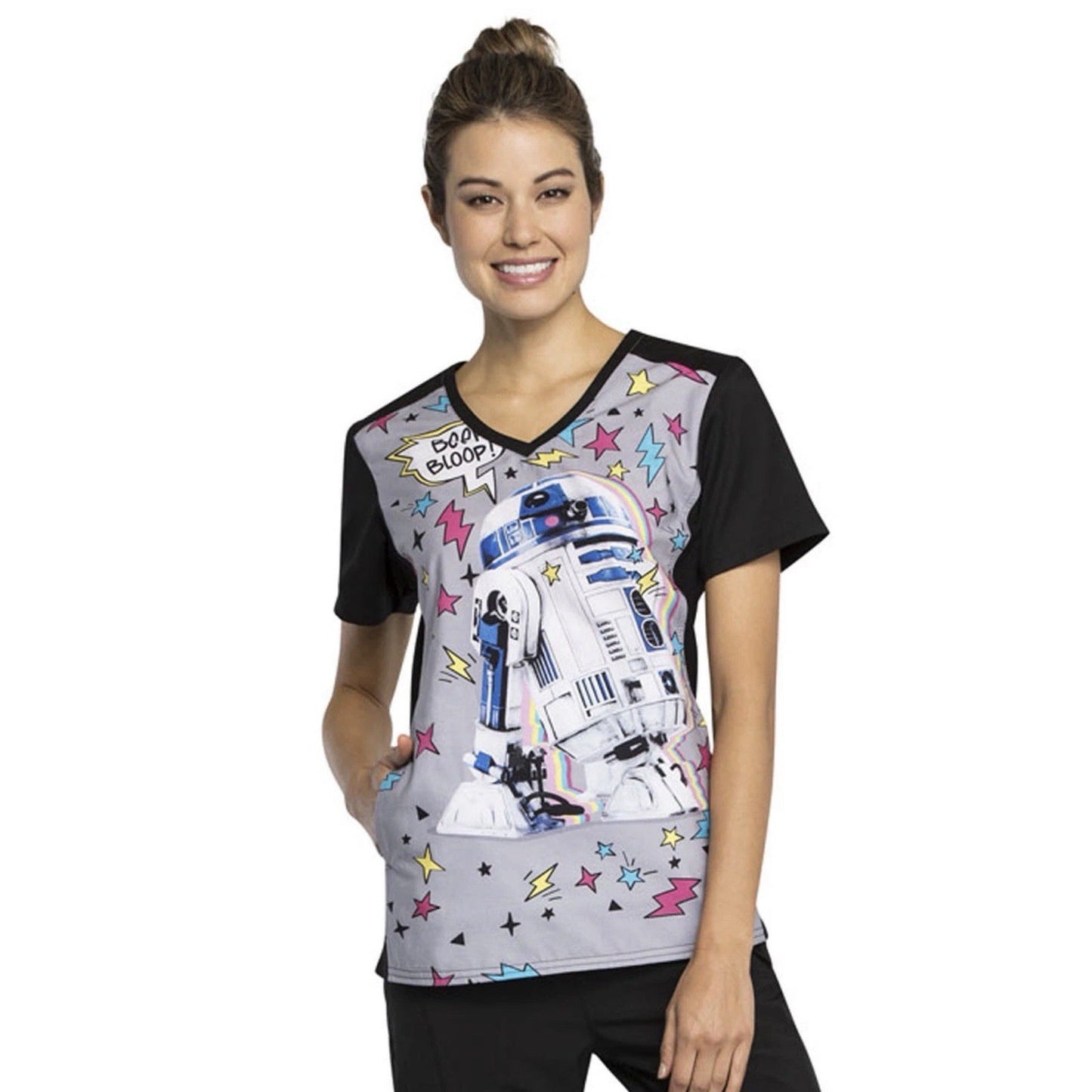 R2D2 Tooniforms Star Wars (S) Cherokee Scrub Top V Neck Knit Panel TF622 SREE