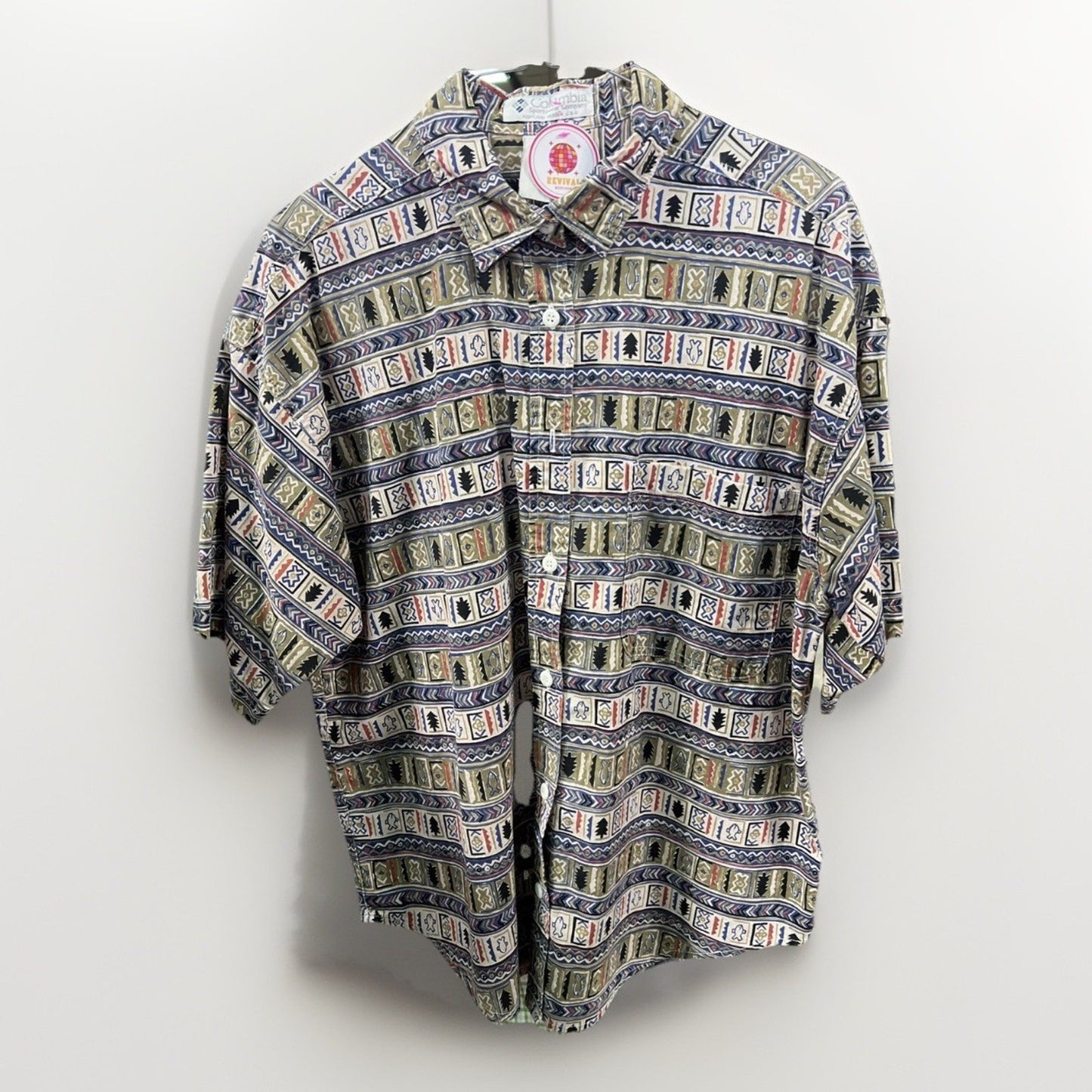 Columbia Outdoor Pattern Button Up Collared Short Sleeve Shirt Sz. Large