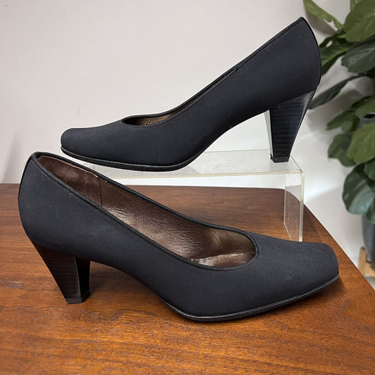 NEW Peter Kaiser 7.5 Black Pumps Fabric Leather Square Toe Cone Heel Shoe