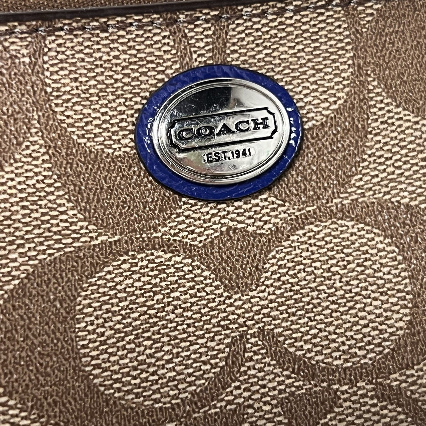 Coach Signature Wristlet Zip Pouch Wallet 6x4 Khaki Brown Navy Blue Clutch