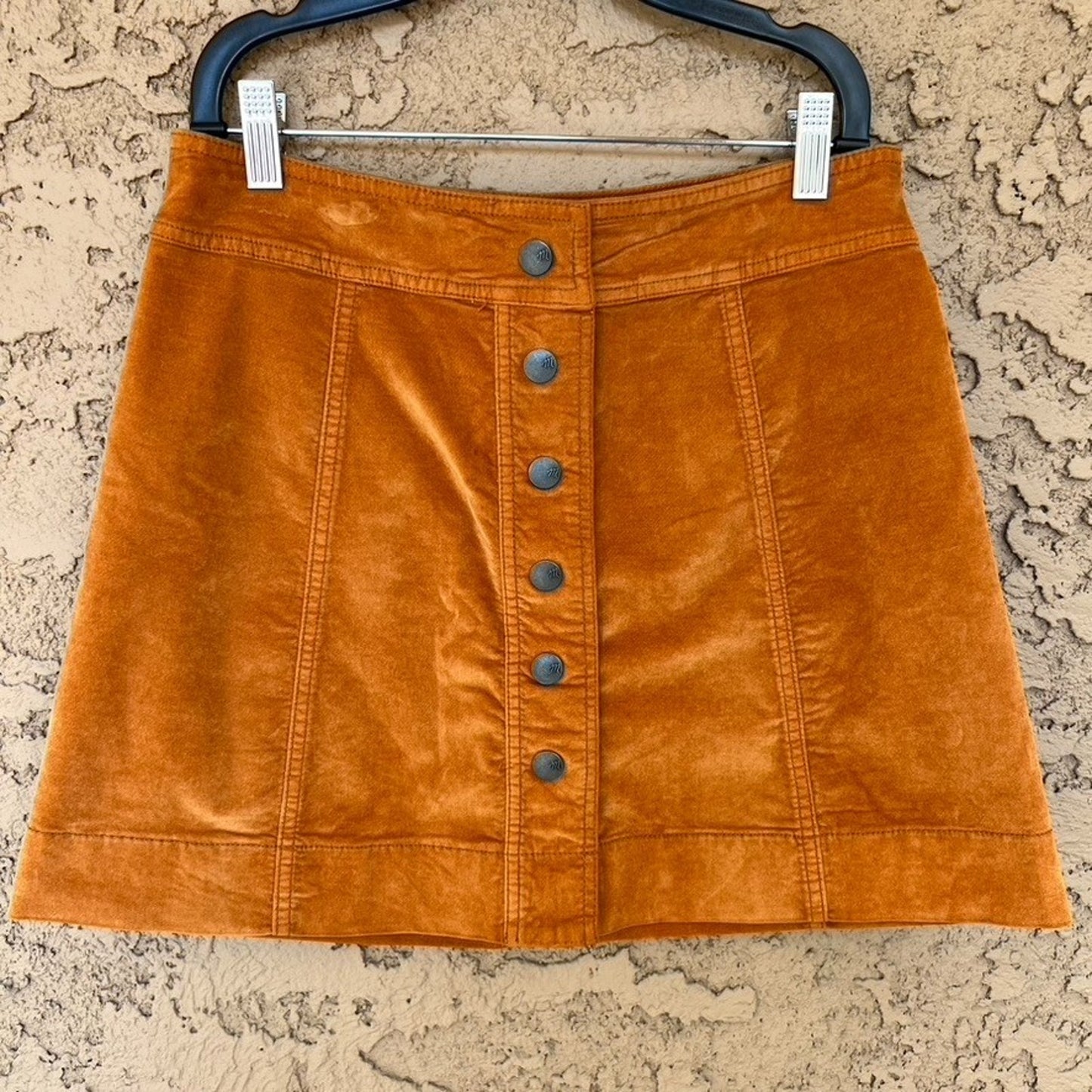 Madewell Velvet Suede A-Line Mini Skirt 25” Sz 2 Golden Brown Button Down Retro
