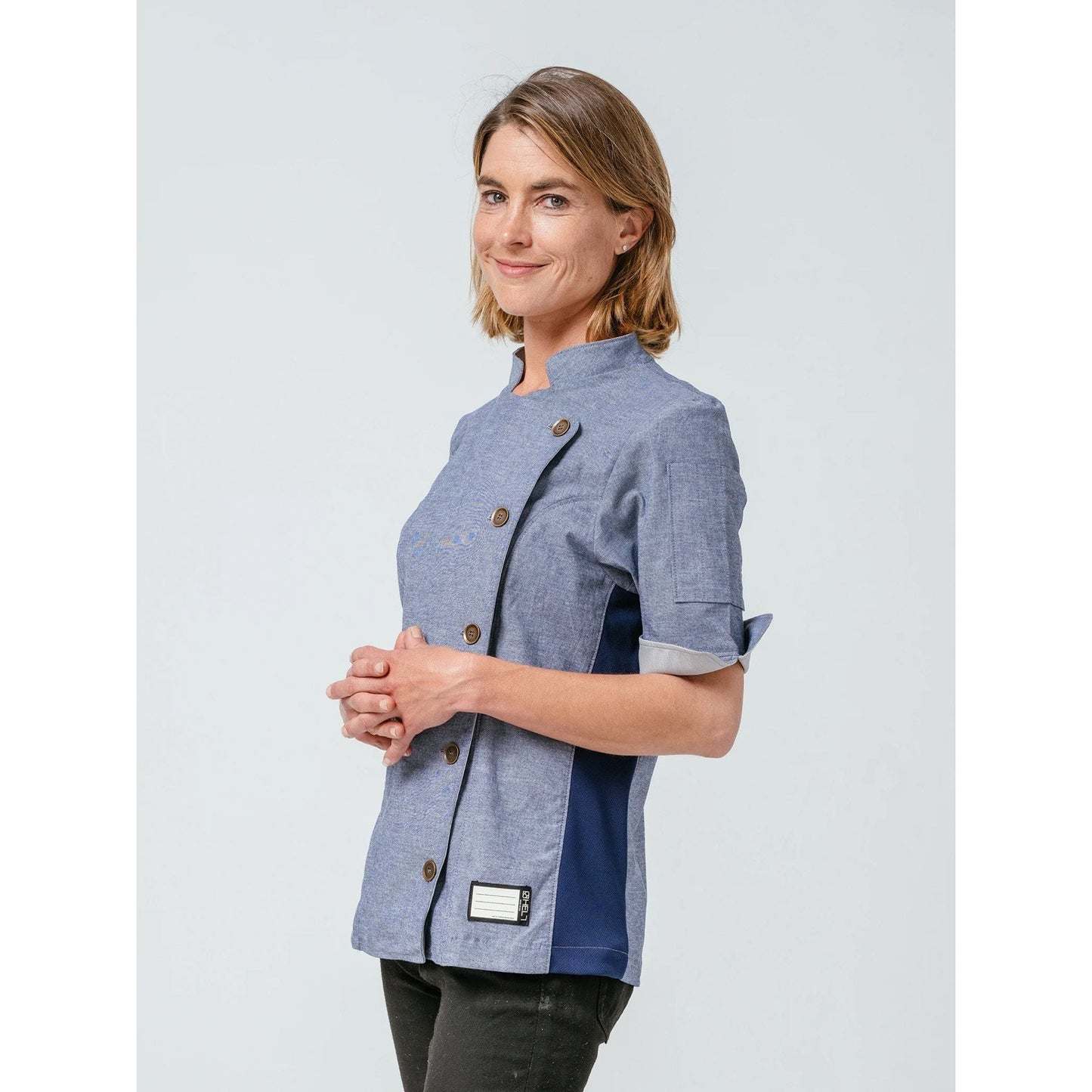 NWOT Helt Studios (L) Stephany Chambray Denim Crewtech Short Sleeve Chef Coat