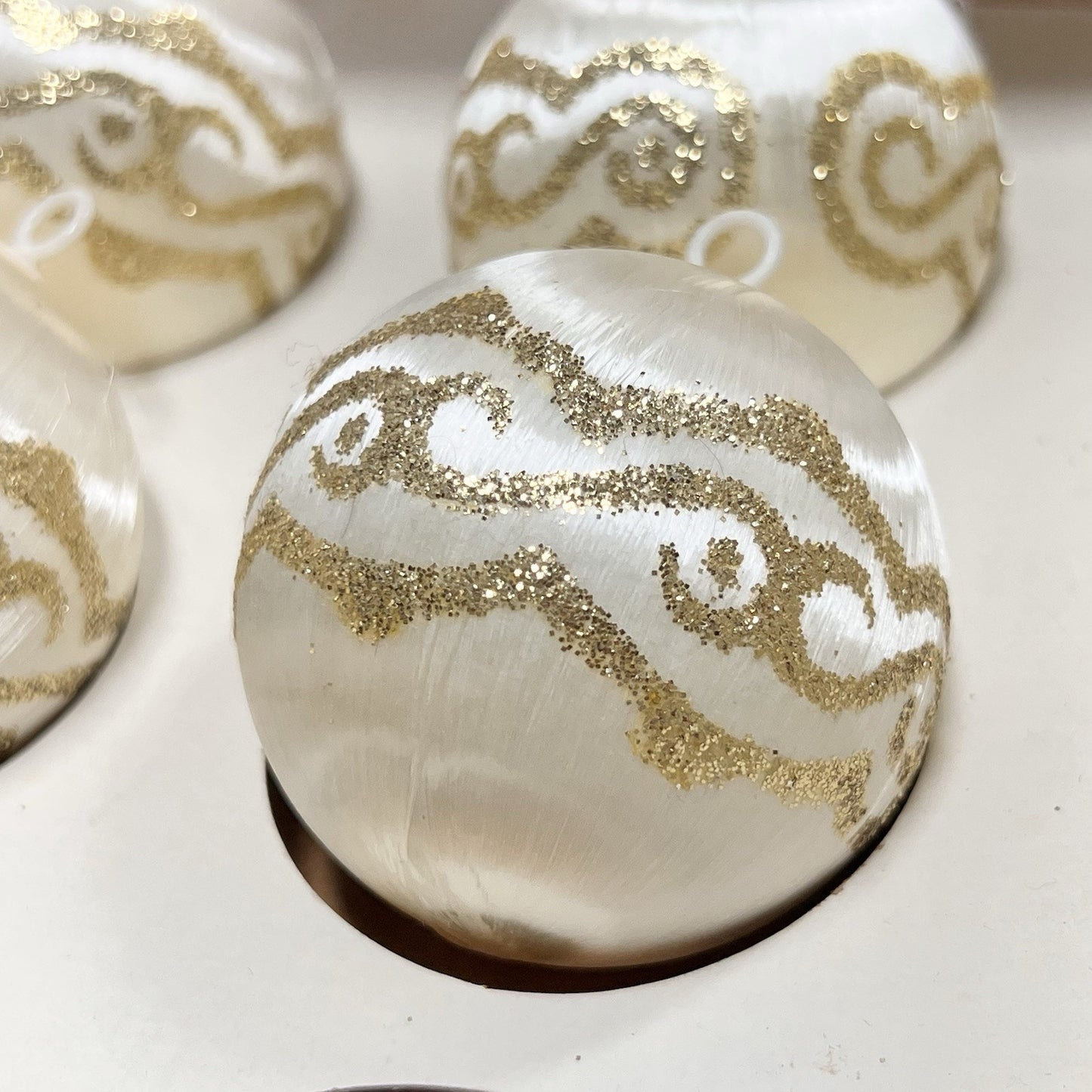 Vintage Pyramid Satin Christmas Ornaments Unbreakable Cream Gold Glitter MCM