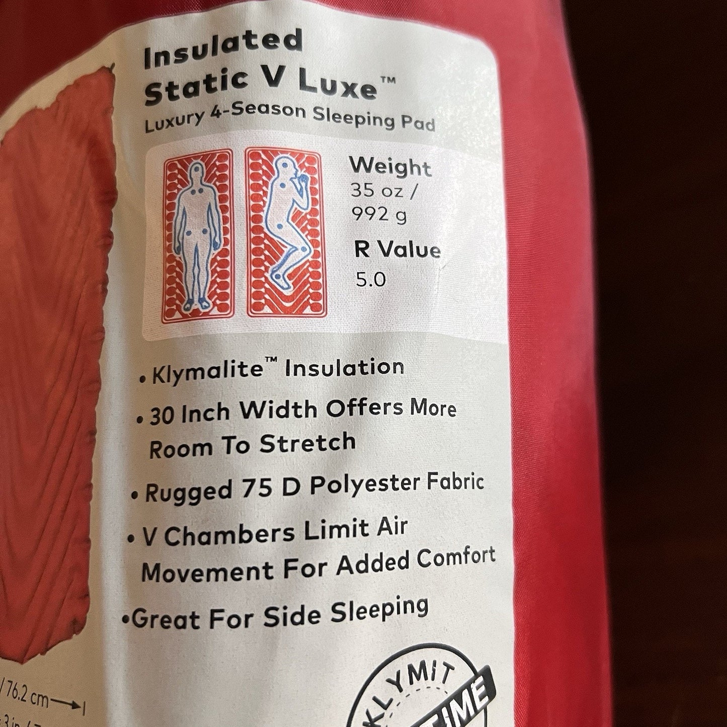 Klymit Insulated Static V Luxe Inflatable Sleeping Pad 30” Backpack Camping