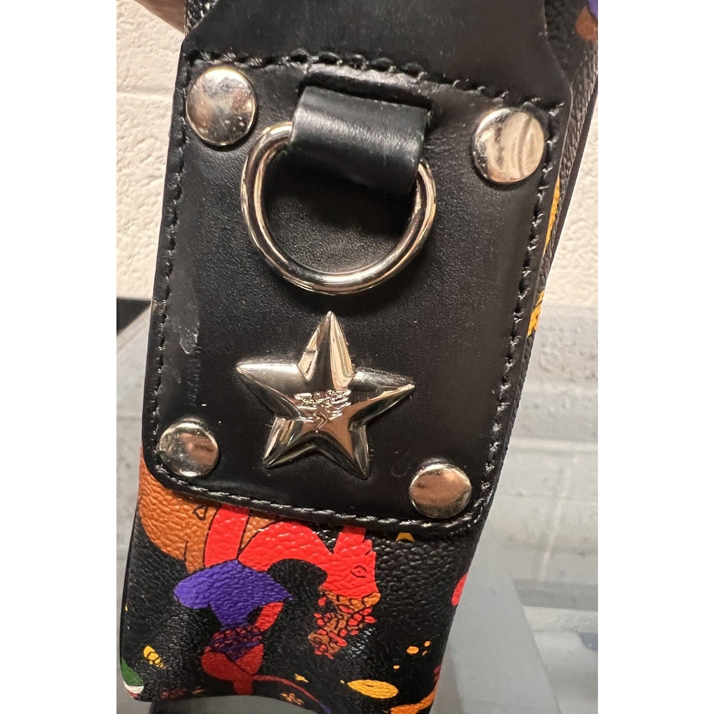 Vintage Black Piero Guidi Unique Magic Circus Pattern Crossbody Bag w/ Key Chain