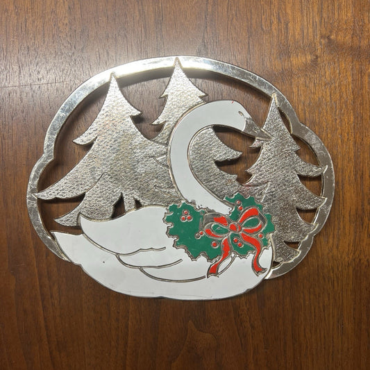 WM Rogers Trivet Christmas Swan Goose Trivet Kitsch Winter Holiday MCM Vintage