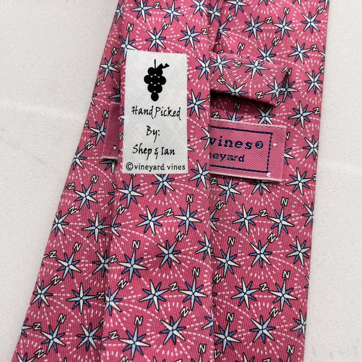 Vineyard Vines Handmade 100% Silk Pink Tie Cardinal Compass Nautical Preppy