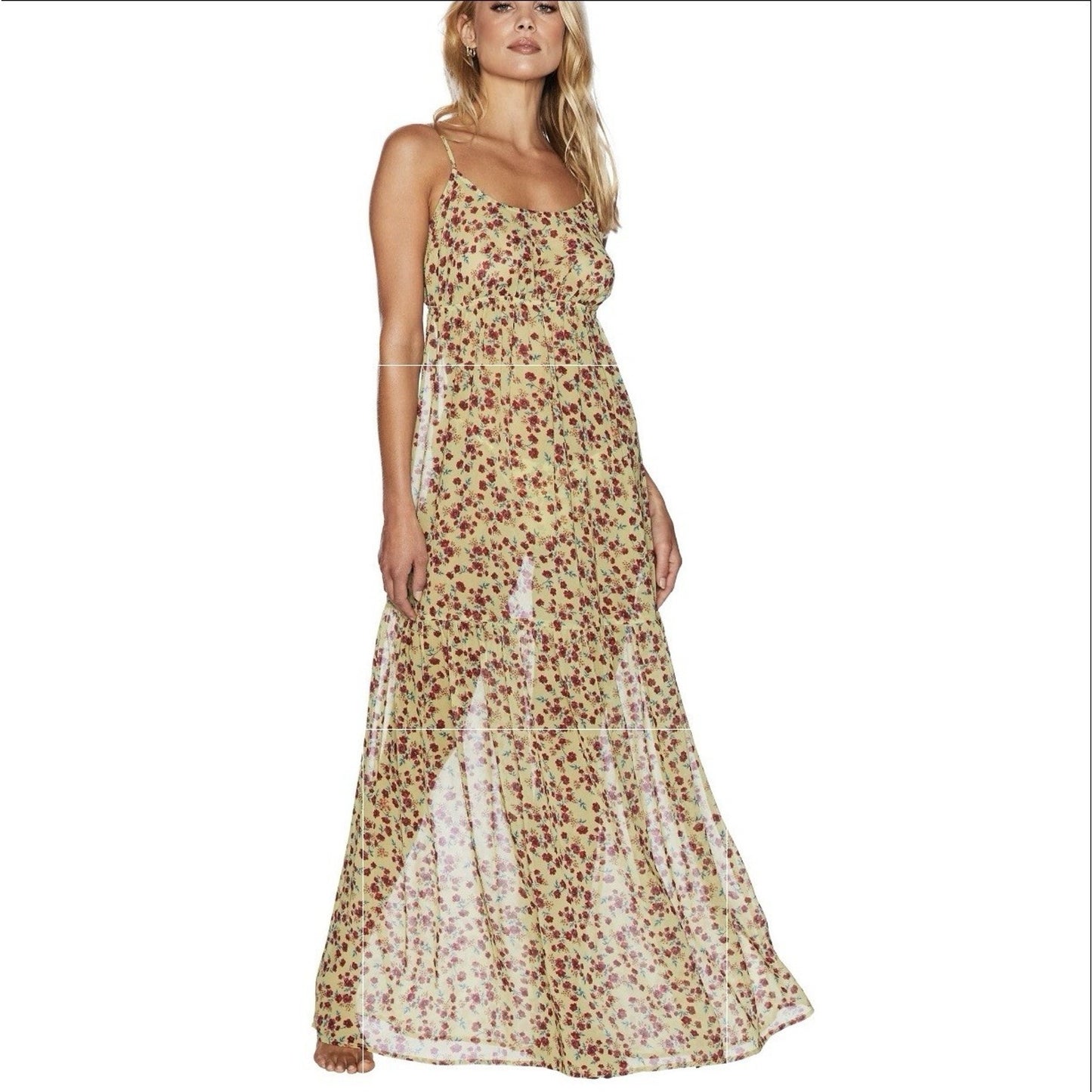 $164 Beach Riot (S) Malia Sheer Maxi Swim Coverup Yellow Floral Beach Dress