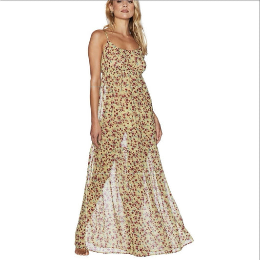 $164 Beach Riot (S) Malia Sheer Maxi Swim Coverup Yellow Floral Beach Dress