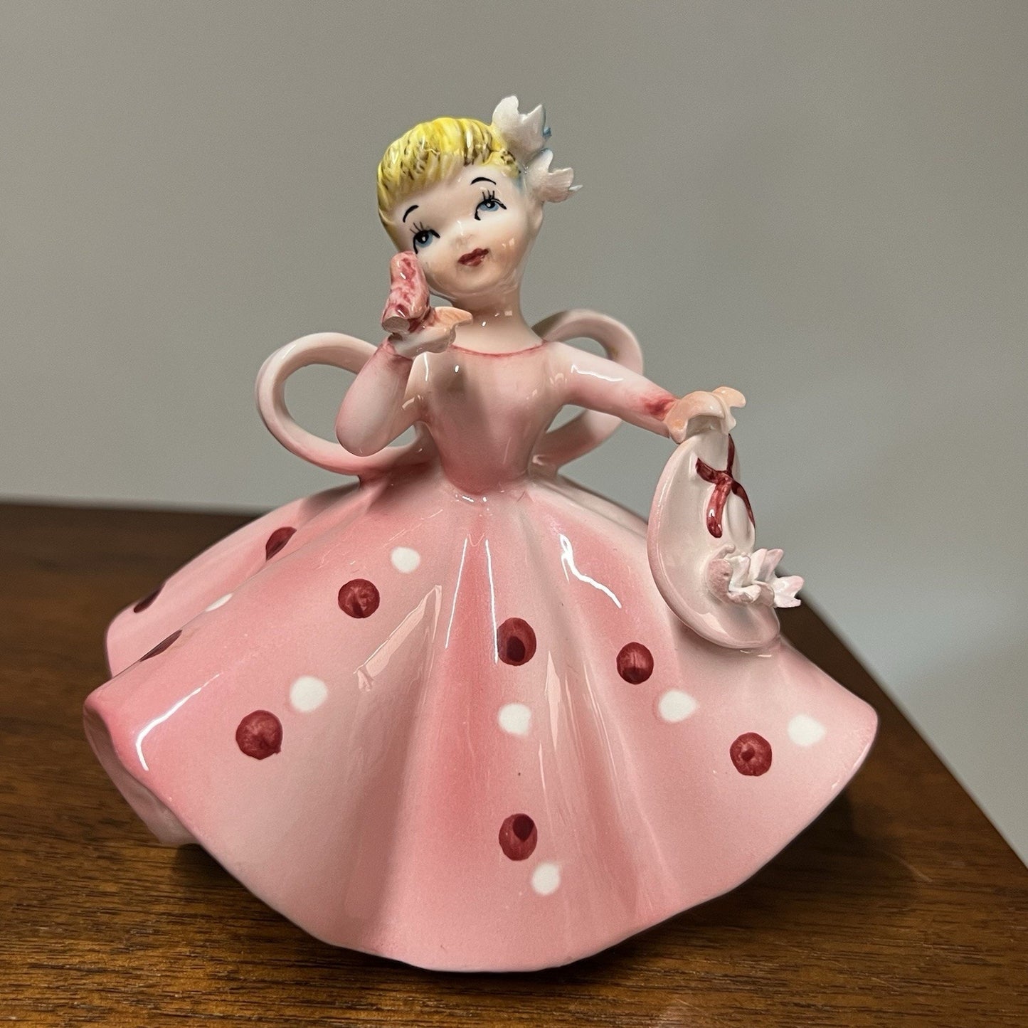 1960s Lefton Springtime Girl Figurine Pink Dress Blonde Big Bow Japan MCM 1450A