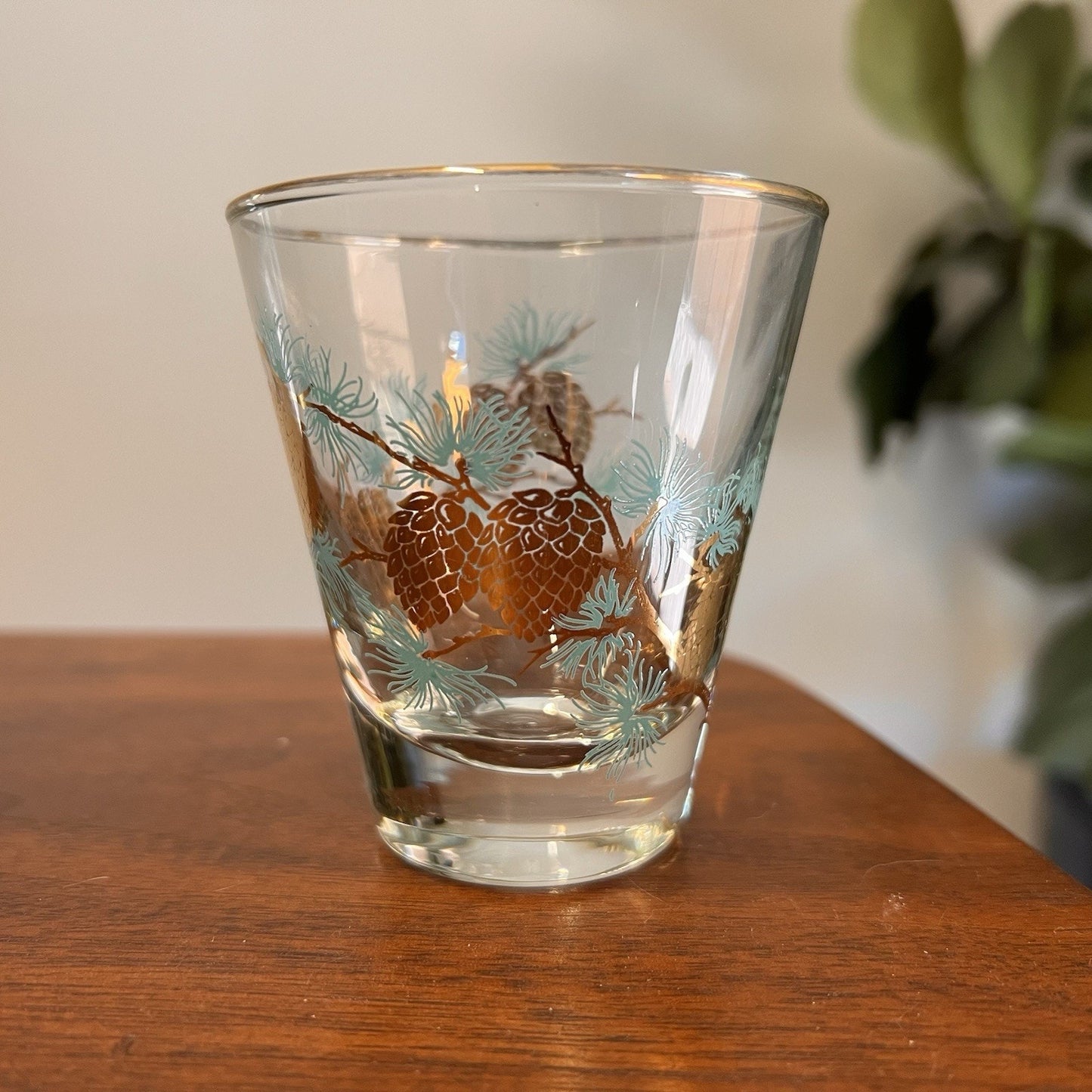 4 Libbey David Douglas Aqua Gold Pine Cone Glasses Barware Tumbler LRS37 MCM