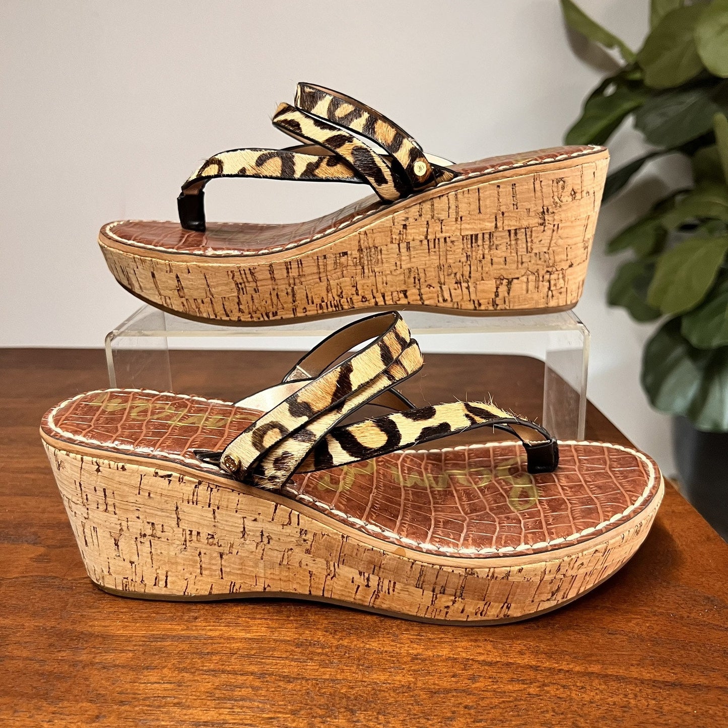 Sam Edelman 8M Leopard Print Cork Wedge Platform Thong Sandals Womens Leather