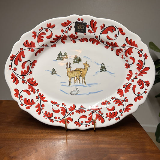 NEW Nova Deruta Platter Christmas Holiday 15x12 Oval Reindeer Classic Elegant