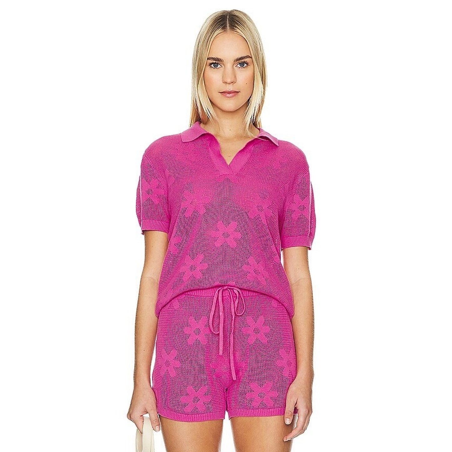 BEACH RIOT Liliana Cover Up Polo Top XS Retro Floral Pink Resort Preppy Crochet