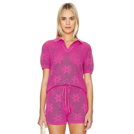 BEACH RIOT Liliana Cover Up Polo Top XS Retro Floral Pink Resort Preppy Crochet