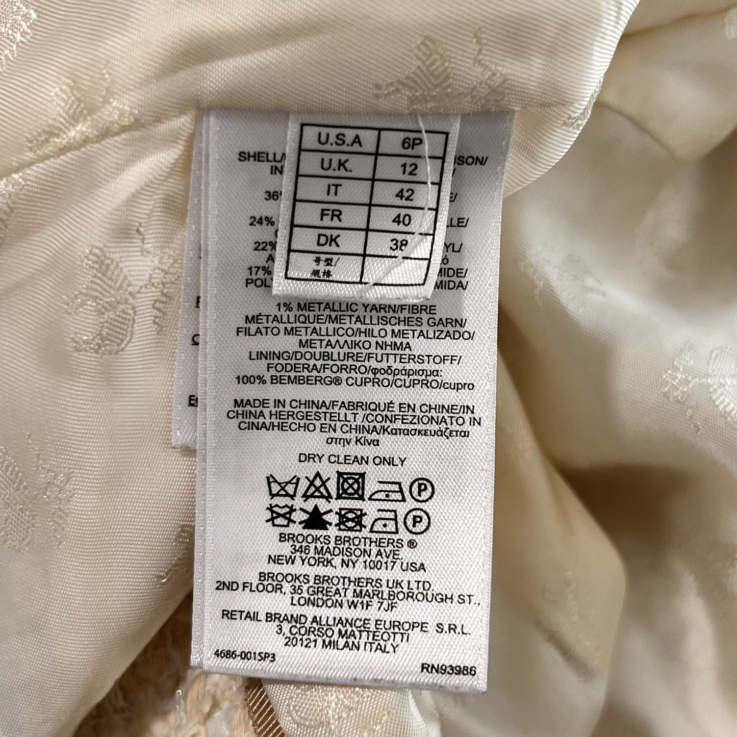 Brooks Brothers Cropped Blazer 6P Womens Tweed Collarless Ivory Metallic Thread