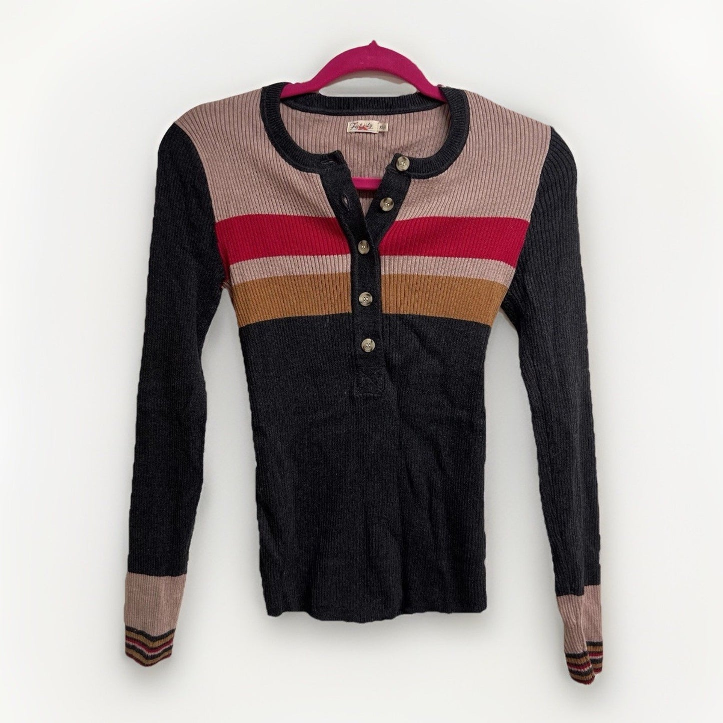 Faherty Mikki XS Henley Cotton Cashmere Long Sleeve Ribbed Shirt Striped Retro