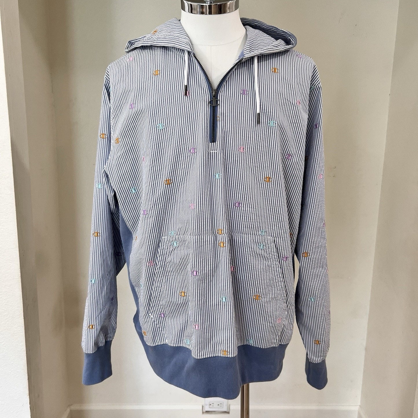 Champion 1/4 Zip Hoodie XL AOP Logo Retro Y2K Preppy Monogram 90s Pullover