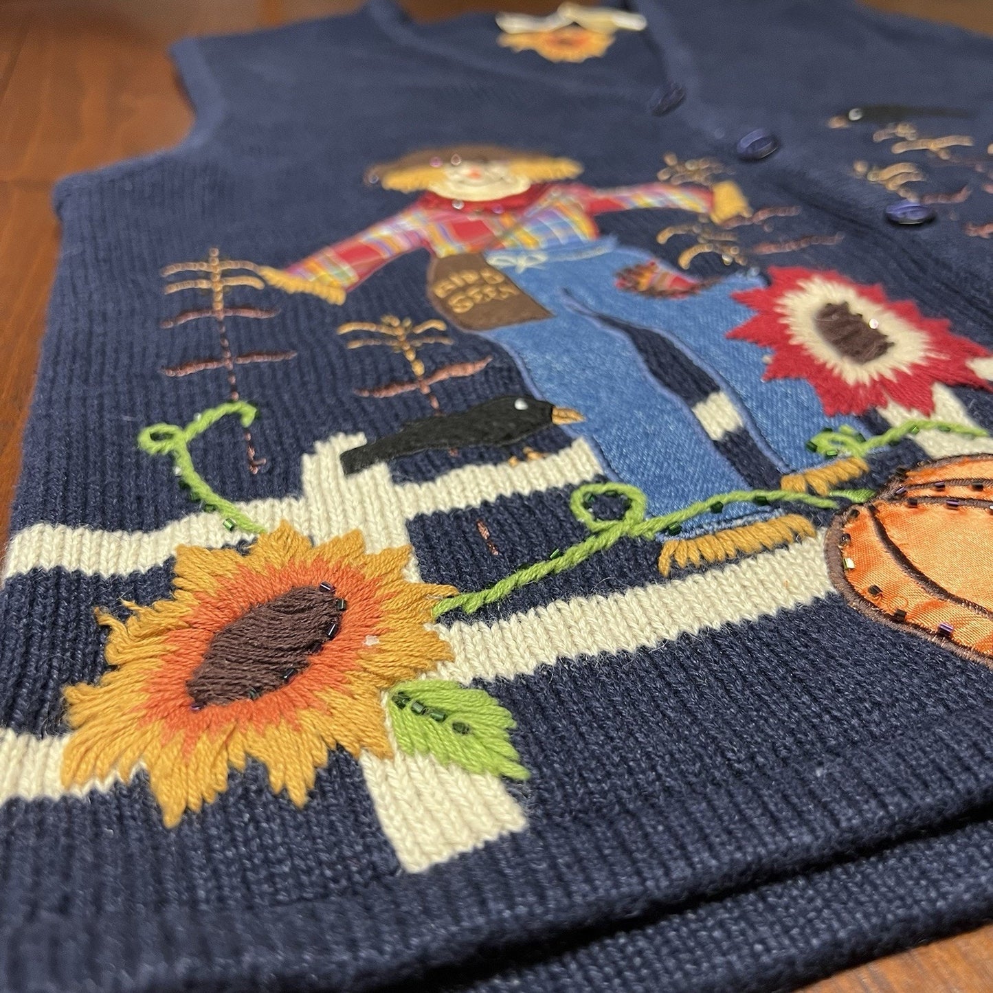 Vintage Bobbie Brooks Knit Cardigan Vest XL Autumn Fall Embroidered Scarecrow