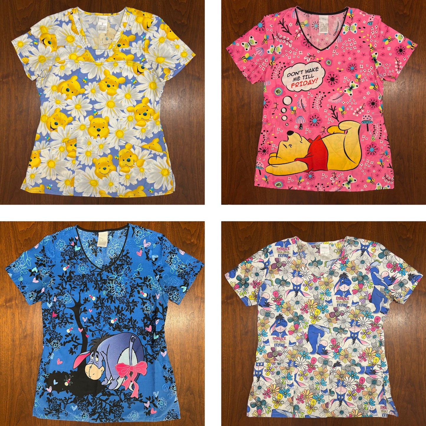 Lot Set of 4 Disney Scrub Tops Winnie the Pooh Eeyore (S) Cotton Pockets AOP