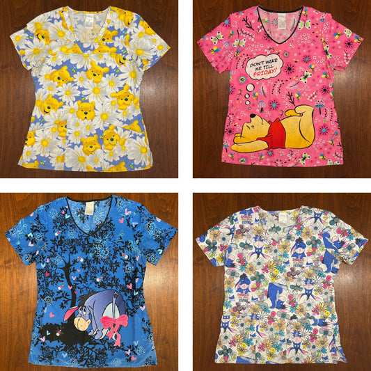 Lot Set of 4 Disney Scrub Tops Winnie the Pooh Eeyore (S) Cotton Pockets AOP