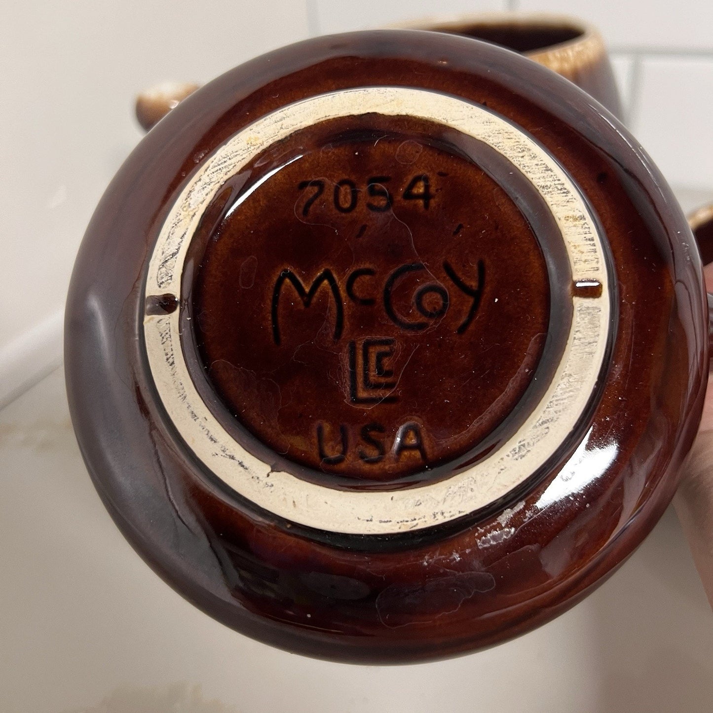 4 x McCoy Pottery Bowls 7054 Onion Soup Brown Drip Handle USA Vintage Retro