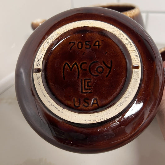 4 x McCoy Pottery Bowls 7054 Onion Soup Brown Drip Handle USA Vintage Retro