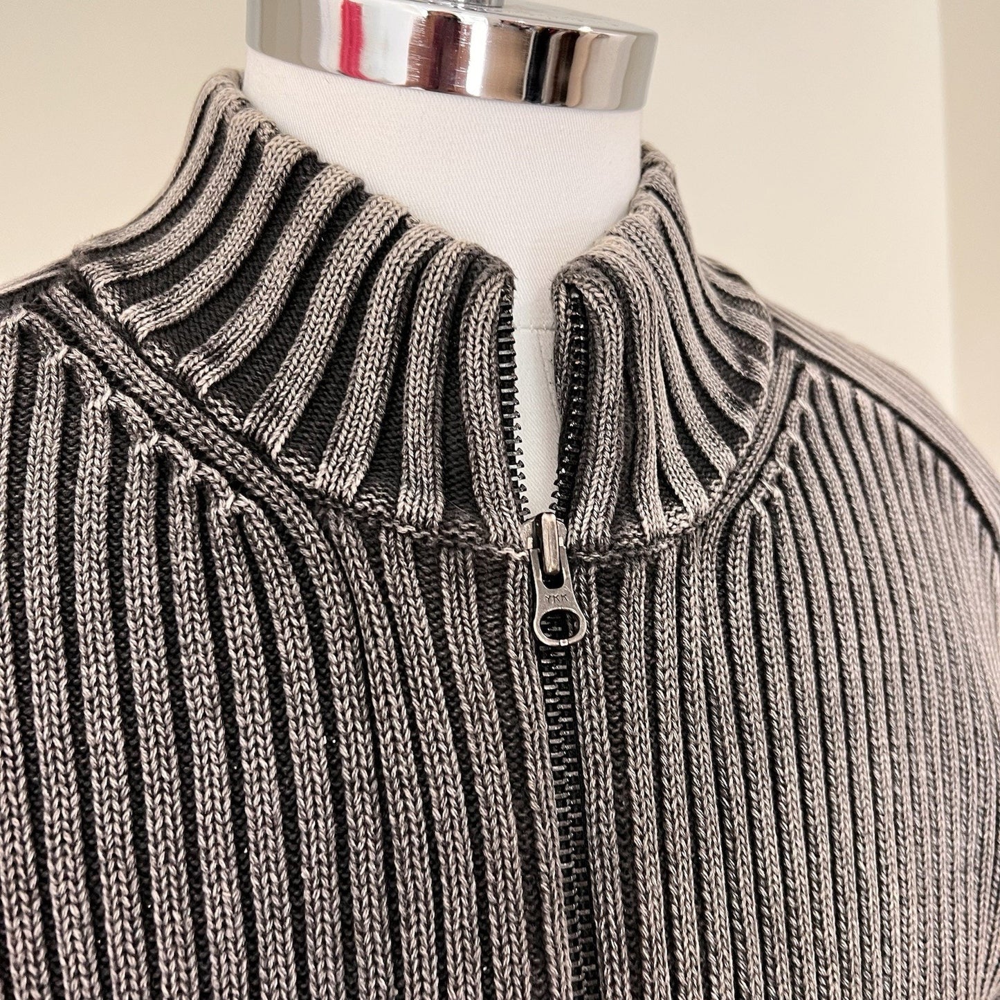 J Peterman (L) Full Zip Gray Rib Sweater Cardigan Grandpa Fisherman 100% Cotton