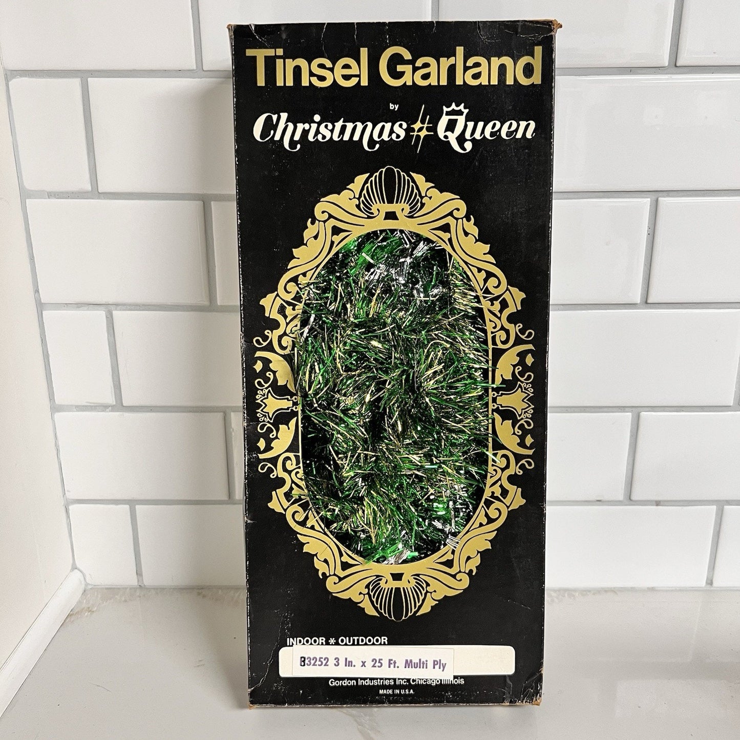 Vintage Christmas Tinsel Garland 25' Green Gold Silver MCM Retro Indoor Outdoor