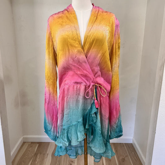 Rococo Sand Wrap Mini Dress (L) Ombré Luxe Ibiza Boho Designer Resort Boho