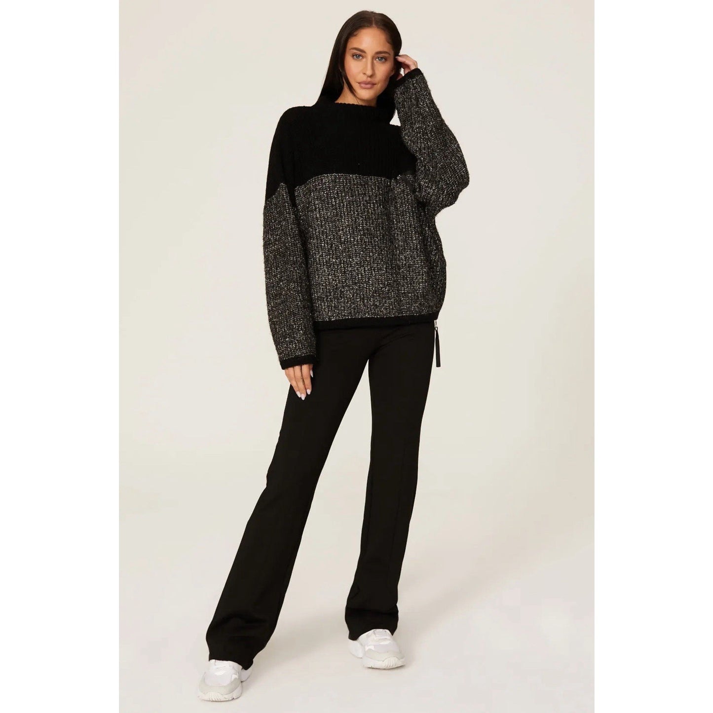 Varley Darwell Mock Neck Sweater (M) Black/Grey Oversized Knit Slouchy Cozy