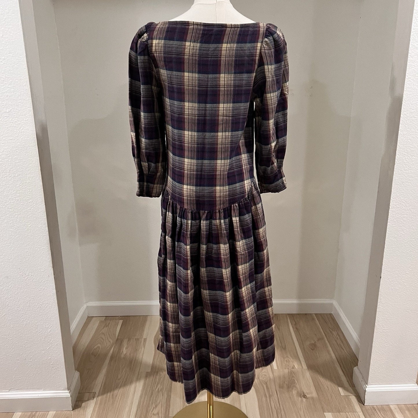 Vintage Eileen West Nightgown Wool Cotton Long House Dress Sleeve Plaid Flannel
