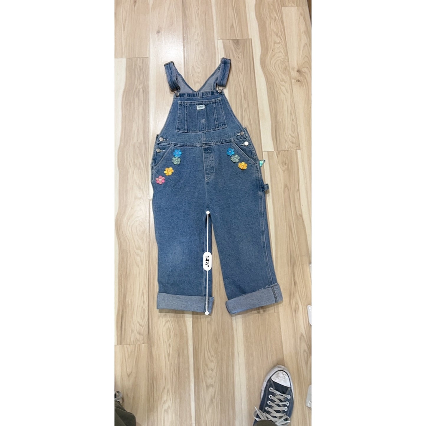 Vintage Oshkosh B'gosh Girls Lg 12/14 Denim Blue Jean Bib Overalls Floral