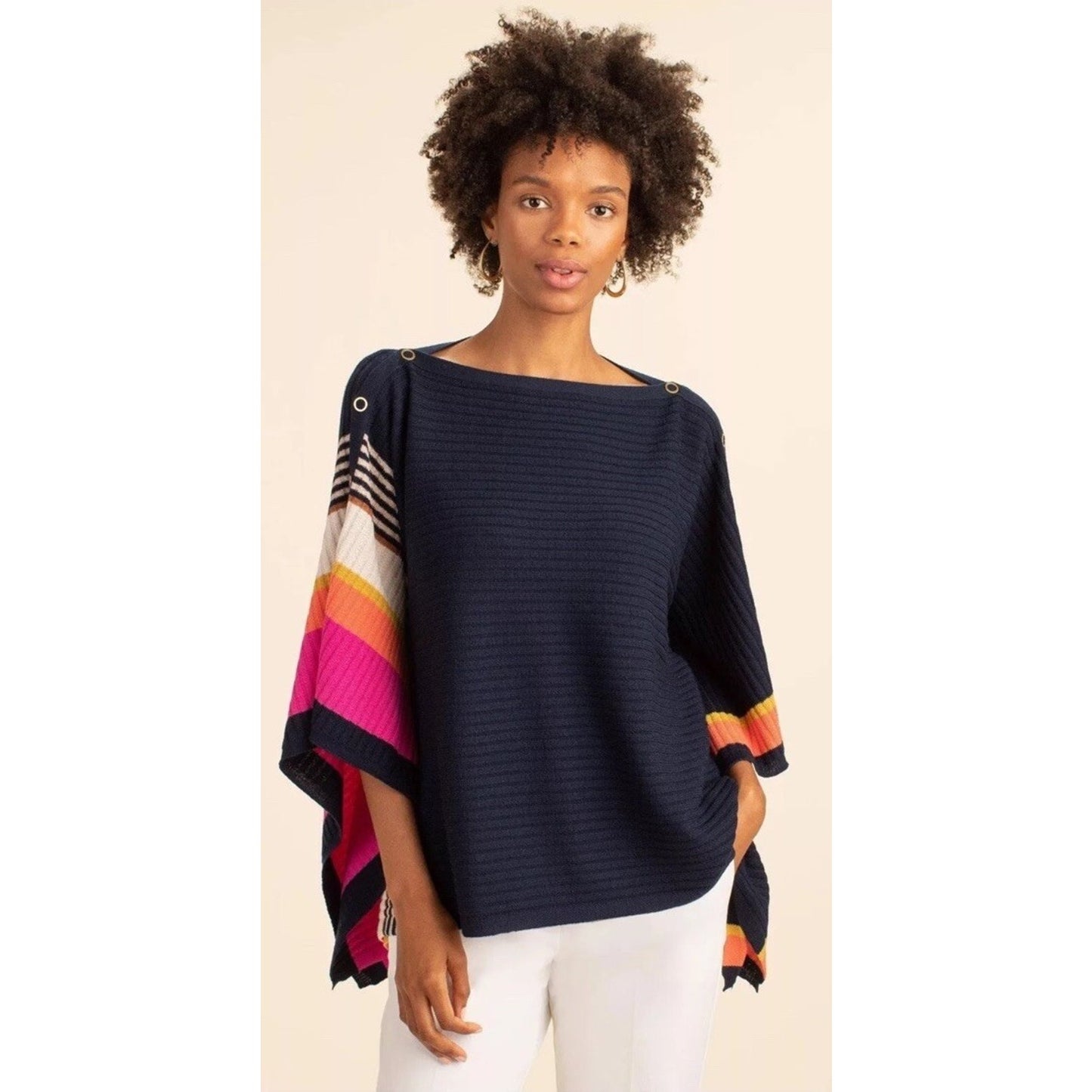 XS/S Trina Turk 100% Merino Wool Knit Poncho Off Shoulder Drape Sleeve Colorful