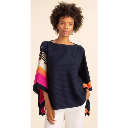 XS/S Trina Turk 100% Merino Wool Knit Poncho Off Shoulder Drape Sleeve Colorful
