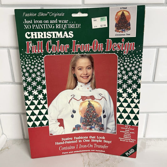 VTG Iron On Transfer Christmas Tree Ugly Sweater Retro Holiday Funny Tacky 80s