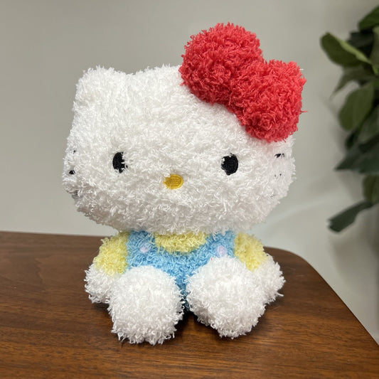 NWT Sanrio HELLO KITTY Classic Blue Overalls & Yellow Shirt Red Bow Sherpa Plush
