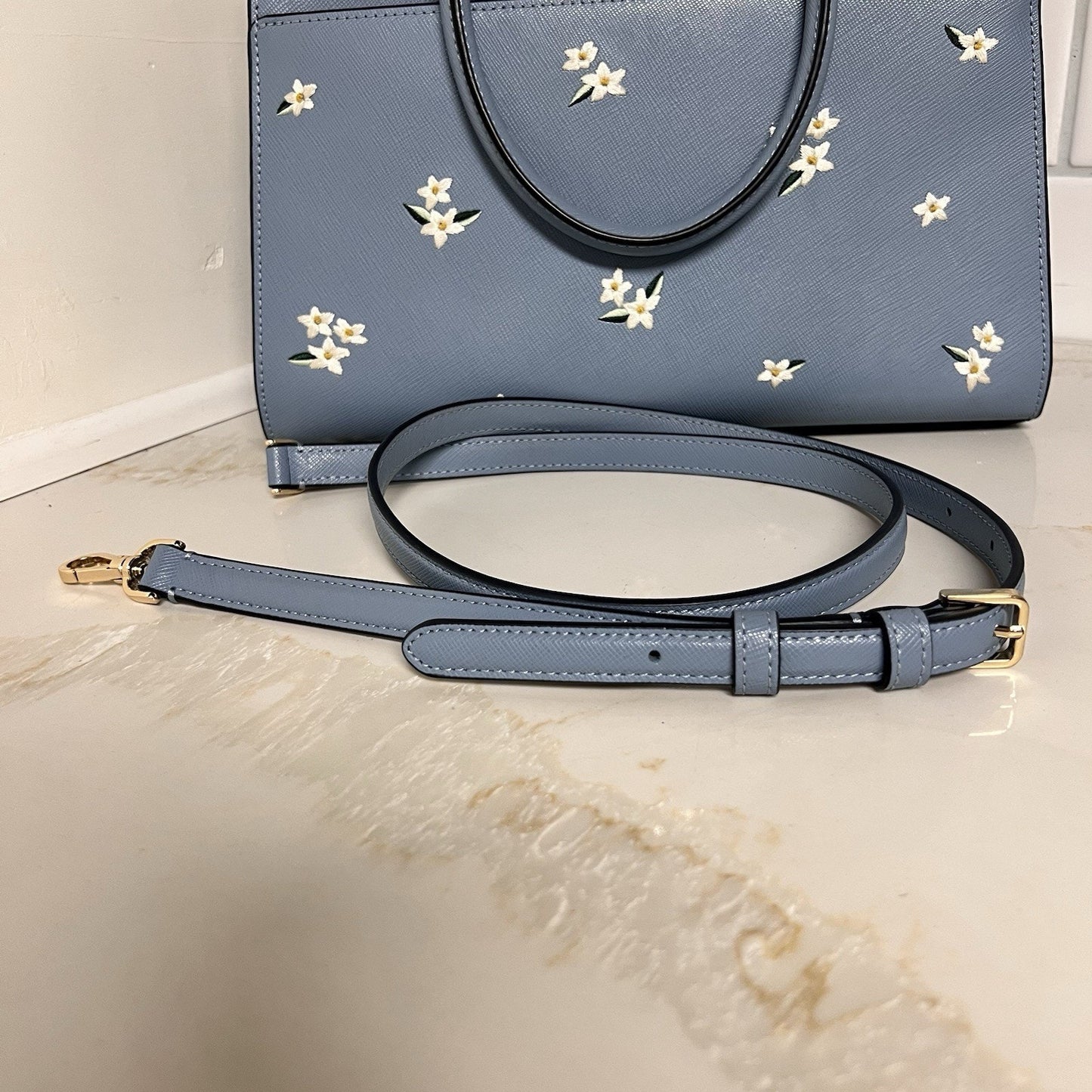 Kate Spade Madison Medium Crossbody Satchel Embroidered Floral Blue Leather
