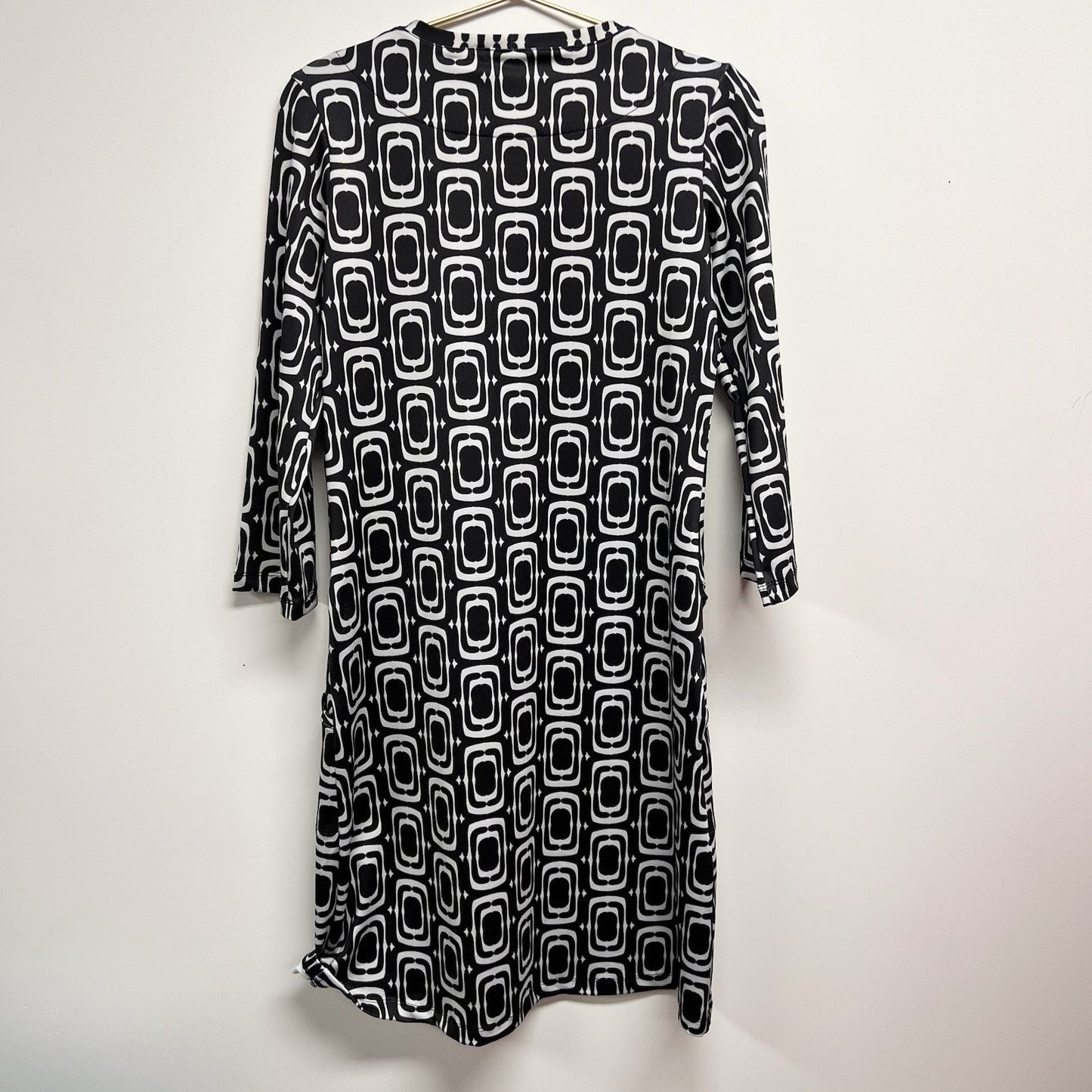 Lesley Evers XS Shift Dress Mid Retro 60s Style Black White Geometric Op Art