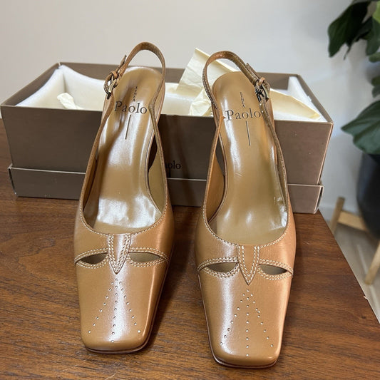 NEW Linea Paolo 7W Camel Slingback Mary Jane Square Toe Short Block Heel Retro